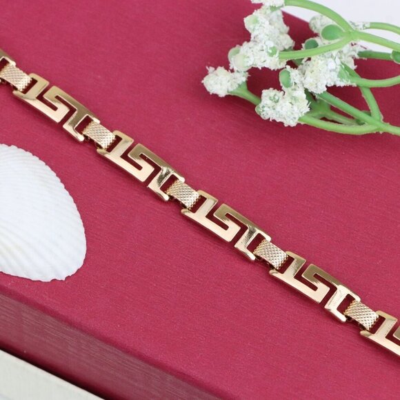 "Elegant Greek Key Design Rose Gold Bracelet in Glossy Finish, XPBL1120 - Picture 1 of 12